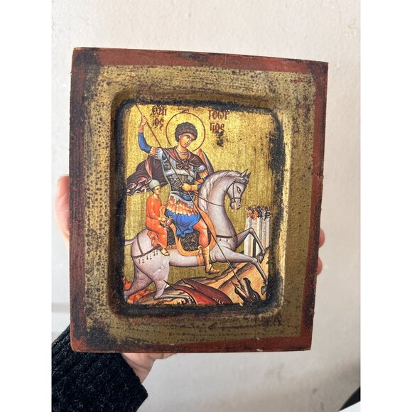 Vtg Saint George Slay the Dragon Horse Religious Art Wooden Wall Hangings Italia - Picture 4 of 10